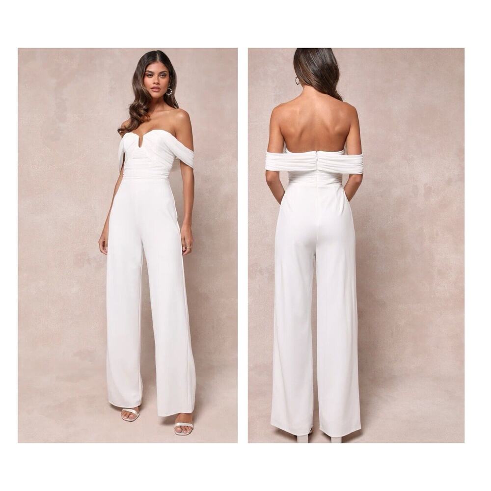 Lulus Gorgeous Fantasy White Mesh Ruched Off-the-Shoulder Jumpsuit Size XS Bride